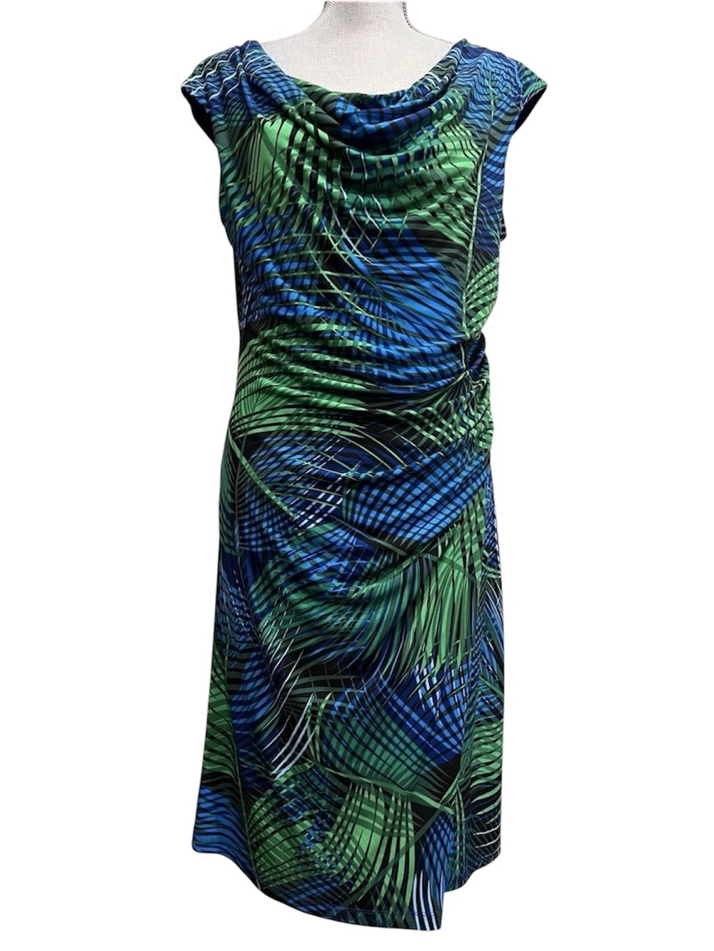 London Times Tropical Plant Wrap Dress Sz 14 Stretchy Cowl Neck